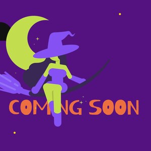 Puede incluir: Gráfico de Halloween con una bruja montada en una escoba frente a una luna creciente. La bruja lleva un sombrero y un vestido morados, con un cuerpo verde. Las palabras "COMING SOON" son de color naranja. Fondo morado con estrellas.