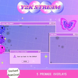 Puede incluir: Cinco superposiciones prefabricadas para streaming, con un esquema de color rosa y morado con una mariposa brillante, caras sonrientes y una ventana emergente con el texto "&iquest;Seguro que quieres volver a los a&ntilde;os 2000?" y "S&Iacute;". El texto "Y2K STREAM" est&aacute; en la parte superior de la imagen.
