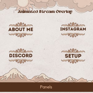 May include: Animated stream overlay with four panels featuring the text "About Me", "Instagram", "Discord", and "Setup" in a brown font with decorative flourishes. The panels are on a light brown background with a mountain range at the bottom and the text "Panels" in brown.