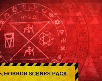 May include: A red background with a circular symbol containing various symbols and a biohazard symbol with the text "HORROR SCENES PACK" in yellow and black stripes.