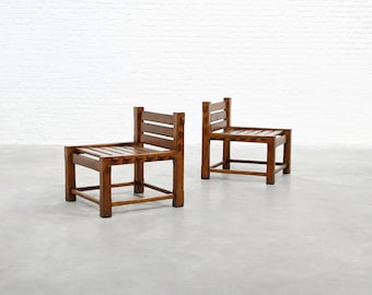 Pair of 1970s Brutalist Solid Oak Side Chairs