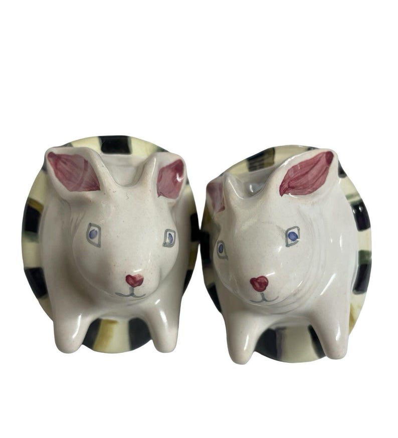 Vintage MACKENZIE-CHILDS Courtly Check White Rabbit Majolica Bunny Knob Pull Set image 1