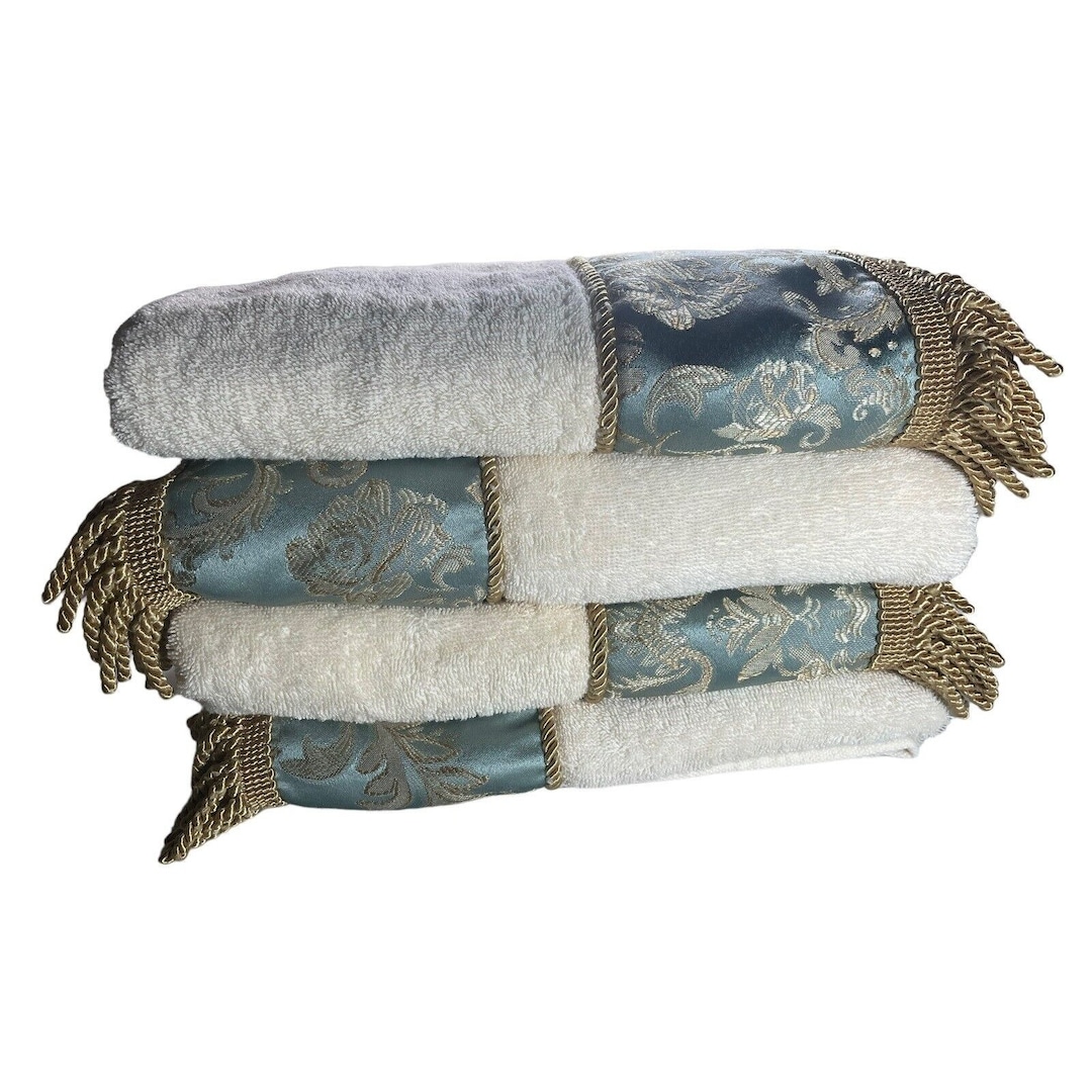 CROSCILL Cream Bath Towel Set of 4 Gold Fringe Sea Blue 27x48 Etsy