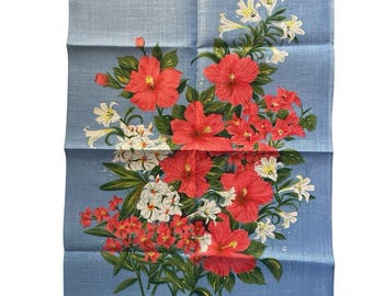 Vintage Ulster Irish Linen Tea Towel "Bermuda Floral Bouquet" Hibiscus Souvenir