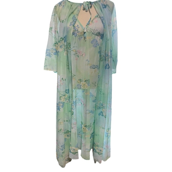 Nightgown & Peignoir Robe Set 2pc Green Watercolo… - image 2