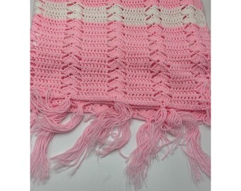 Girls Afghan Crocheted Blanket Pink & White Large 52x78