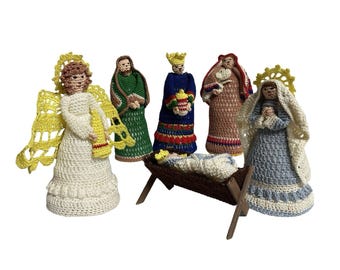 Vintage Hand Crocheted 6-Piece Nativity Scene 6.5-7" Angel Shepherd Lamb Baby