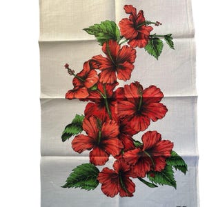 Vintage Irish Linen Mills Kitchen Tea Towel Bermuda Hibiscus 1970s Souvenir