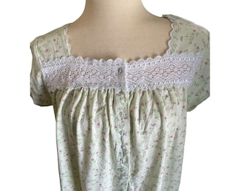 Aria Nightgown Mint & Pink Roses Lace Ribbon Trim Button Short Sleeve Medium New