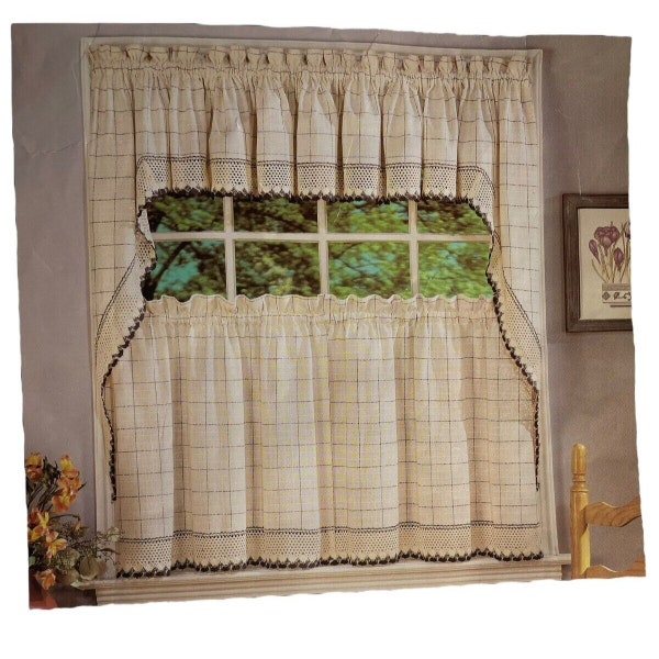 Lorraine Adirondack Swag Curtain Ecru & Navy 60"x38" Windowpane Crochet Trim 2pc