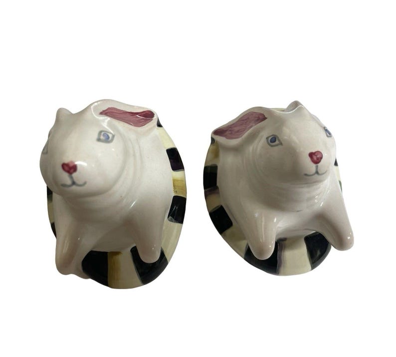 Vintage MACKENZIE-CHILDS Courtly Check White Rabbit Majolica Bunny Knob Pull Set image 8