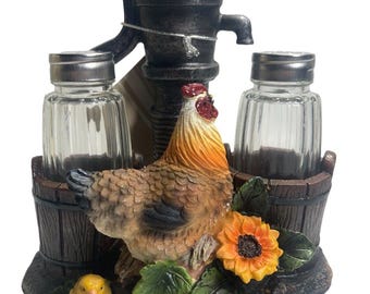 Farm Hen Chick Salt & Pepper Shaker Caddy DWK  Pump Up The Spice Water Well