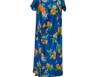 Vintage Royal Hawaiian Muumuu Long Dress Size 10 Bright Blue Orange Hibiscus