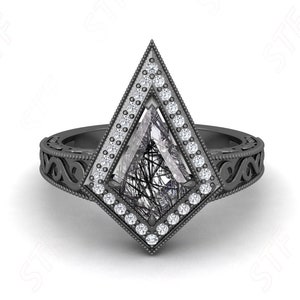 Unique Kite Natural Black Rutile Gemstone Black Rhodium Women&#39;s Ring Art Deco Black Spinal Graduation Gothic Anniversary Birthday Gift