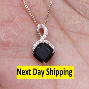 7.00mm Cushion Shape Black Onyx Gemstone 14K Rose Gold Plated 925 Silver Pendant with 18inch Box Chain Ready To Ship Black Onyx Necklace