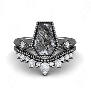 Coffin Natural Black Rutile Gemstone Black Rhodium Wedding Bridal Engagement Ring Set Unique Art Deco Moissanite Bezel Matching Bands