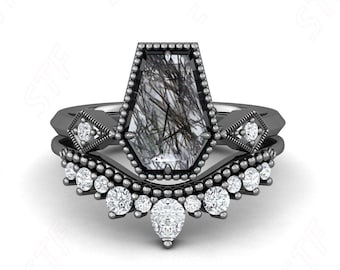Coffin Natural Black Rutile Gemstone Black Rhodium Wedding Bridal Engagement Ring Set Unique Art Deco Moissanite Bezel Matching Bands