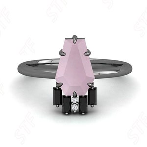 925 Black Rhodium Coffin Natural Rose Quartz Wedding Bridal Ring Unique Quartz Gold Ring Women's Jewelry Birthday Anniversary Gift For Wife