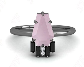 925 Black Rhodium Coffin Natural Rose Quartz Wedding Bridal Ring Unique Quartz Gold Ring Women's Jewelry Birthday Anniversary Gift For Wife