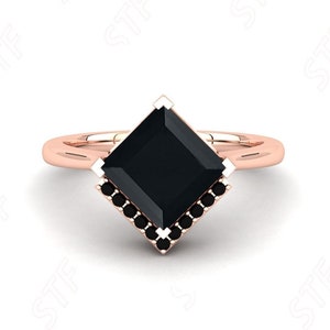 Gifts For WifePrincess Cut Black Onyx Ring, Art Deco 14K Gold Solitaire