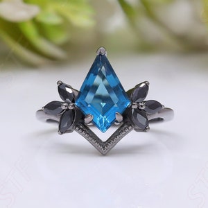 Kite Shaped 12X8 mm Natural London Blue Topaz Black Rhodium 925 Silver Wedding Ring Engagement Ring 14K 18K Gold Millgrain Anniversary Ring