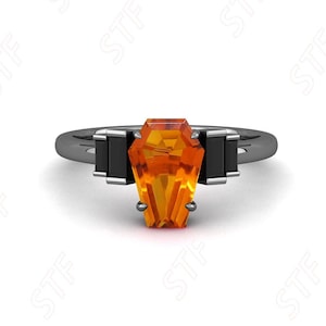 Coffin Nautral Madeira Citrine Black Rhodium Wedding Bridal Ring Unique Black Spinal 14k Rose Gold Ring Promise Birthday Anniversary Gift