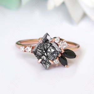 Natural Black Rutilated Quartz Engagement Beautiful Unique Art Deco Women Dainty Ring For Her Graduation Birthday Anniversary Gift