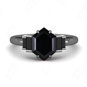 Hexagon Natural Black Onyx 925 Silver Black Rhodium Anniversary Bridal Ring Beautiful Onyx Statement Ring Promise Proposal Birthday Gift