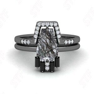 Sarg Natürliche Schwarz Rutil Edelstein Schwarz Rhodium Hochzeit Braut Verlobungsring Set Einzigartige Erklärung Machwerk Band Damen Danity Ring Set
