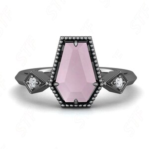 Coffin Natural Rose Quartz 14K Black Gold Wedding Bridal Ring Beautiful Art Deco Silver Statement Promise Ring Birthday Anniversary Gift