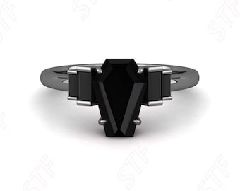 Gifts For WifeBlack Onyx Coffin Ring, Black Rhodium Sterling Silver Anniversary Ring