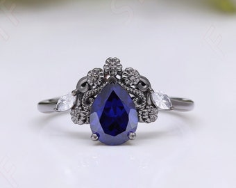 Gifts For WifePear Blue Sapphire Filigree Ring, Black Rhodium Sterling Silver