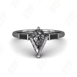 Kite AAA Grade Natural Black Rutile Gemstone Black Rhodium 925 Silver Engagement Wedding Bridal Ring Unique Statement Women's Danity Gifted