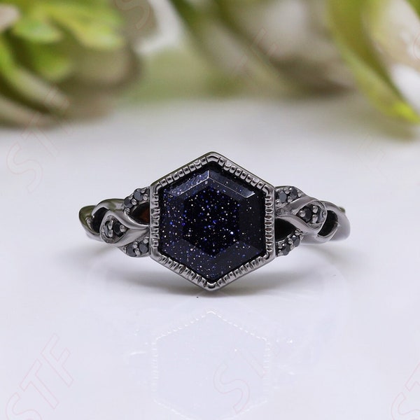 Zeshoek blauwe zandsteen zwart rhodium verlovingsbruidsring mooie statement zwarte Spinal Bezel Ring afstuderen dames sierlijk begaafd