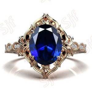 10x8mm Oval Blue Sapphire 14K Rose Plated 925 Silver Engagement Ring Wedding Bridal Ring Filigree Rings Blue Gemstone Ring For Her