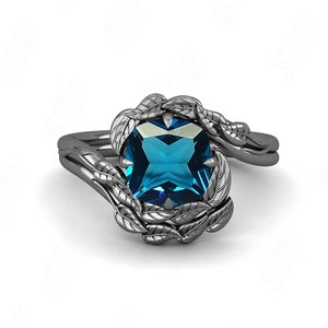 AAA London Blue Topaz Anniversary Bridal Ring 925 Black Rhodium Leaf Style Solitaire Ring Topaz 14K Black Gold Ring Birthday Friendship Gift