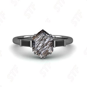Hexagon Natural Black Rutile Gemstone Black Rhodium Wedding Bridal Engagement Ring Gift For Wife Unique Solitaire Black Spinal Bezal Ring