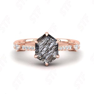 Hexagon Natural Black Rutile Gemstone 14K Rose Gold Wedding Bridal Engagement Ring Beautiful Statement Moissanite Women&#39;s Ring Birthday Gift