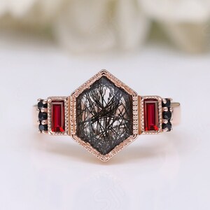 Hexagon Natural Black Rutile Gemstone 14K Rose Gold Wedding Bridal Engagement Ring Beautiful Statement Moissanite Women&#39;s Ring Birthday Gift