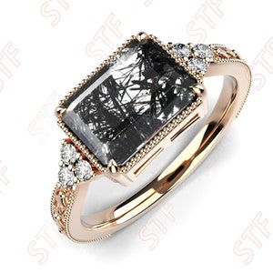 Octagon Natural Black Rutilated Quartz 14K Rose Gold Plated 925 Silver Engagement Ring Emerald Cut Black Rutile Wedding Bridal Filigree Ring
