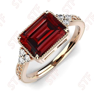 Anello di fidanzamento in argento 925 placcato oro rosa 14 carati con granato rosso naturale ottagonale, anello nuziale in granato taglio smeraldo, anello solitario in filigrana