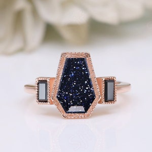 Coffin Cut Blue Sandstone 14K Rose Gold 925 Silver Anniversary Bridal Ring Beautiful Art Deco Baguette Black Spinal Ring Proposal Gift