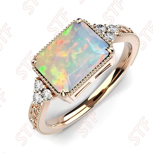 Achteck Natürlicher äthiopischer Opal 14K Rose Gold Plated 925 Silber Verlobungsring Smaragdschnitt Opal Hochzeit Brautring Filigraner Ring