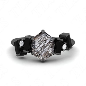 Hexagon Natural Black Rutile Gemstone Black Rhodium Wedding Bridal Engagement Ring Gift For Wife Unique Solitaire Black Spinal Bezal Ring