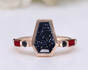 Gifts For WifeCoffin Cut Blue Sandstone Ring, Rose Gold & Silver Art Deco Bridal Ring
