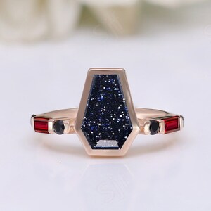 Coffin Cut Blue Sandstone 14K Rose Gold 925 Silver Anniversary Bridal Ring Beautiful Art Deco Baguette Black Spinal Ring Proposal Gift