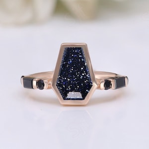 Coffin Cut Blue Sandstone 14K Rose Gold 925 Silver Anniversary Bridal Ring Beautiful Art Deco Baguette Black Spinal Ring Proposal Gift