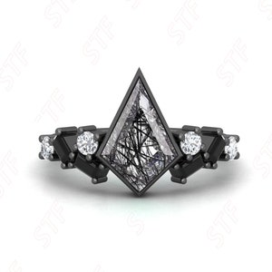 Unique Kite Natural Black Rutile Gemstone Black Rhodium Women&#39;s Ring Art Deco Black Spinal Graduation Gothic Anniversary Birthday Gift