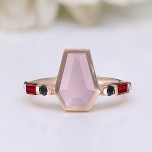 14K Rose Gold 925 Silver Coffin Natural Rose Quartz Wedding Bridal Ring Baguette Engagement Ring Women's Jewelry Birthday Anniversary Gif