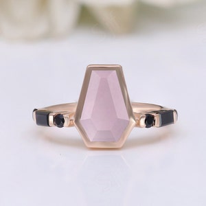 14K Rose Gold 925 Silver Coffin Natural Rose Quartz Wedding Bridal Ring Baguette Engagement Ring Women's Jewelry Birthday Anniversary Gif